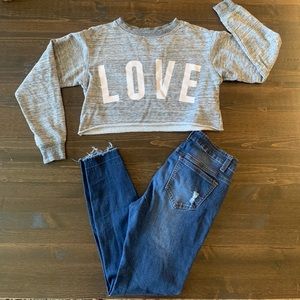 Gray LOVE crop pullover lightweight sweatshirt